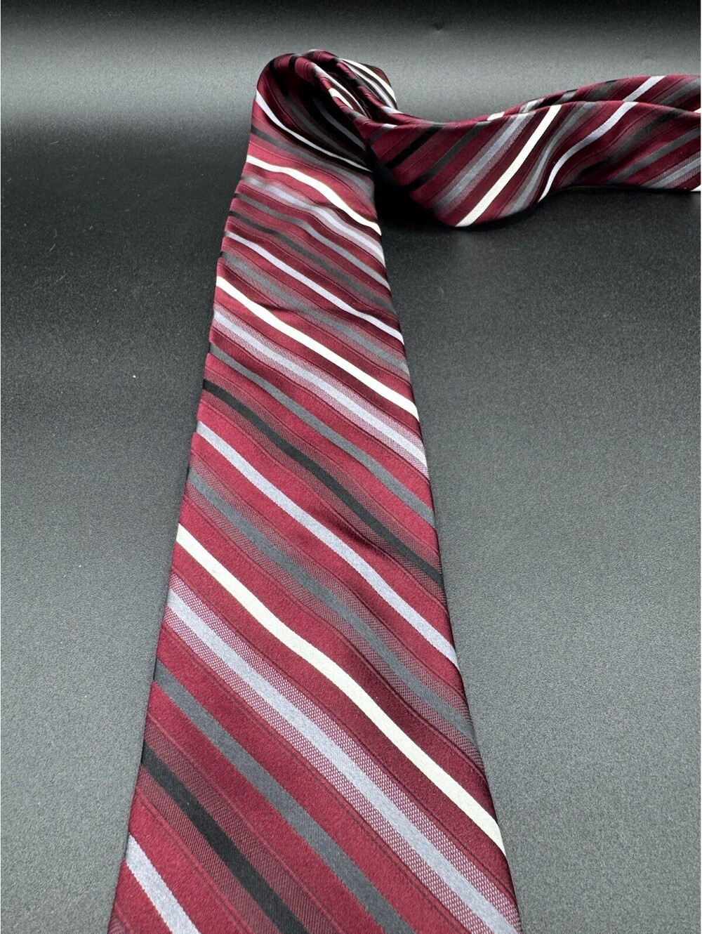 Claiborne Silk Tie Burgundy Black Gray Striped 59”x3.25” Preppy School Wedding